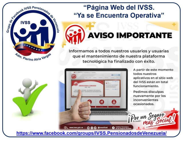 La página del IVSS estuvo en mantenimiento. Foto: Canal IVSS Pensionados de Venezuela/Telegram