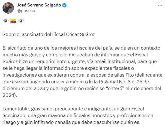  José Serrano, exministro del Interior ecuatoriano, confirmó la solicitud de información realizada por Suárez. Foto: @ppsera/X   