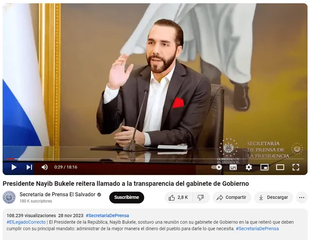  El video original fue publicado el 28 de noviembre del 2023 en la cuenta oficial del Gobierno de El Salvador. Foto: captura Secretaría de Prensa de El Salvador en Youtube.   