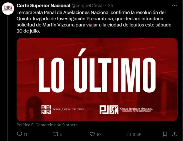 Comunicado que ratifica decisión en segunda instancia. Foto: Corte Superior Nacional.   