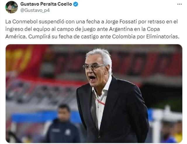 Fossati tendrá que cumplir en las eliminatorias el castigo que sufrió durante la Copa América. Foto: captura de Gustavo Peralta/X   