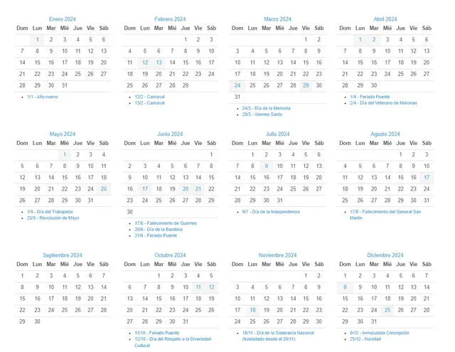  Calendario con feriados de todo el 2024 en Argentina. Foto: Feriados en Argentina. 