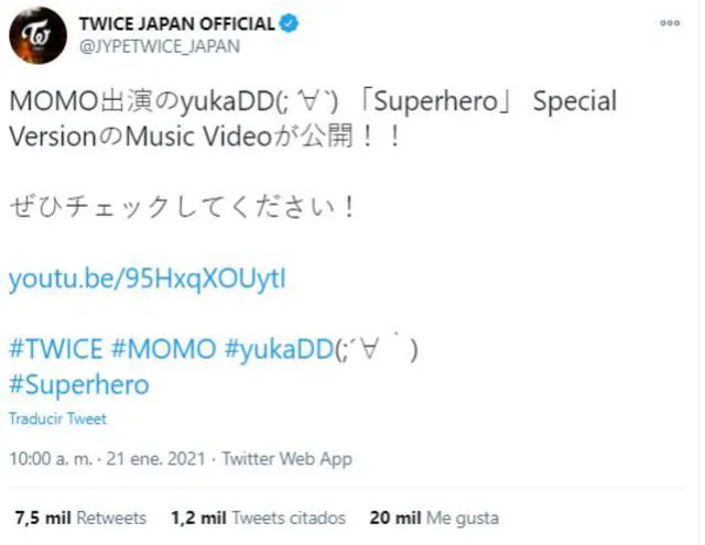 Post en Twitter de la colaboración de Momo de TWICE con YukaDD. Foto: @jyptwice_japan