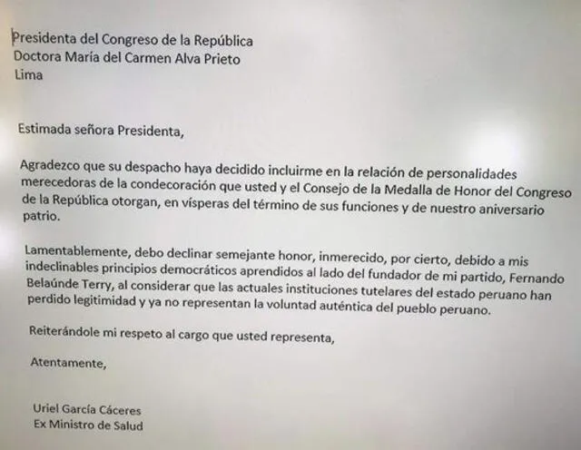 Carta de exministro Uriel García. Foto: captura de Twitter