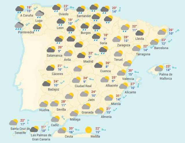 Mapa del tiempo en España hoy, sábado 2 de mayo de 2020.