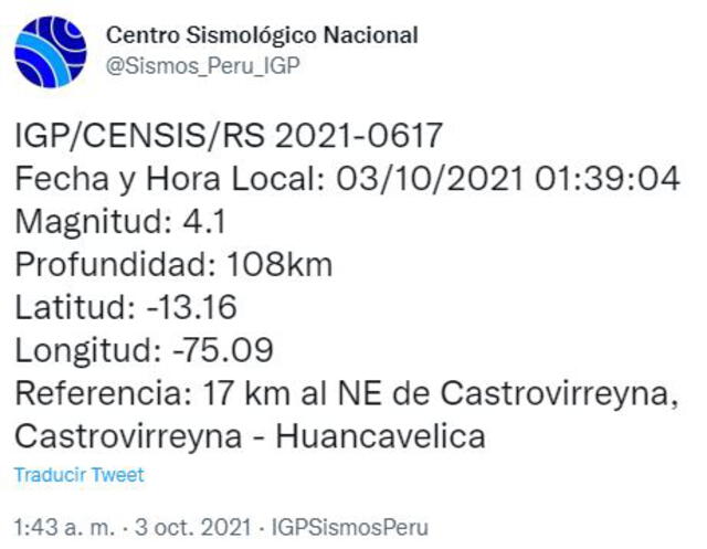 Foto: Twitter Centro Sismológico Nacional