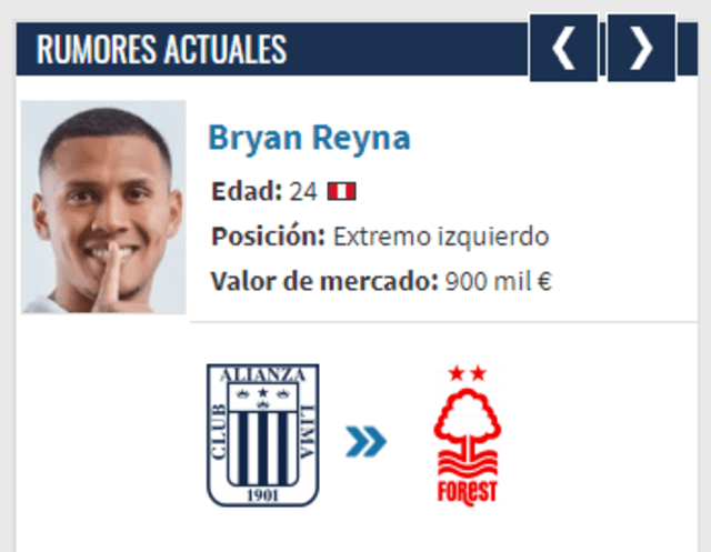 Bryan Reyna interesaría a Nottingham Forest de la Premier League. Foto: captura de Transfermarkt   