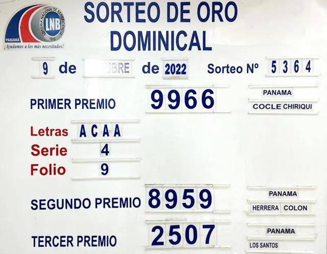 Resultados del sorteo dominical de HOY 2 de octubre.| Foto: Lotería de Panamá.