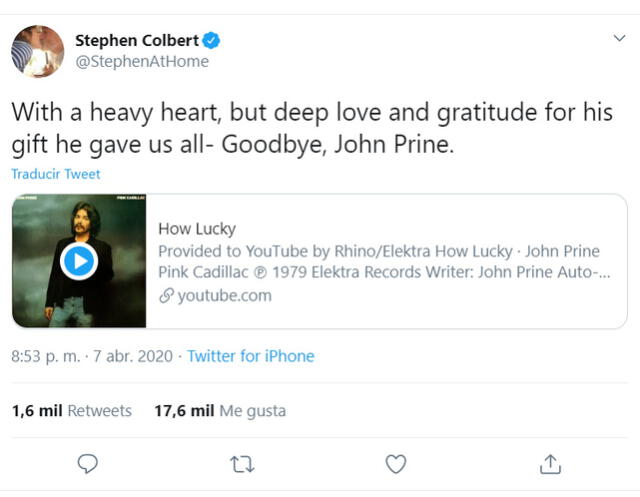 El presentador de televisión Stephen Colbert fue una de las primeras figuras que lamentó la partida de John Prine.