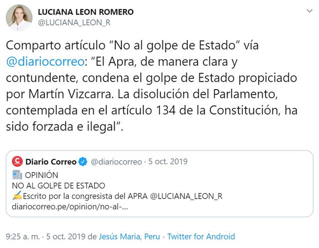 Tuit de Luciana León del 5 de octubre de 2019.