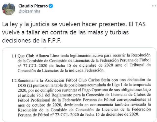 Publicación en Twitter de Claudio Pizarro.