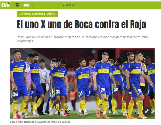 Diario Olé destacó el juego de Advíncula e la derrota de Boca ante Independiente.