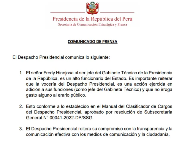 Comunicado de la Presidencia de la República al diario La República.   