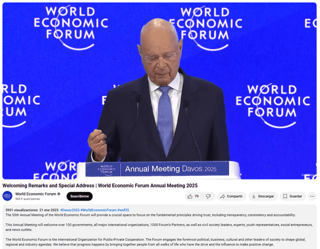 <em> Última aparición de Klaus Schwab en el Foro de Davos, presentando la catedra de Donald Trump. Foto: captura de YouTube.</em>   