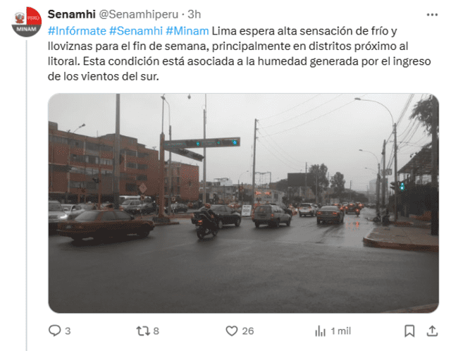  Senamhi alertó aumento de humedad en Lima. Foto: X.   