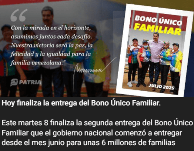 Canal Patria Digital informó hasta cuándo se pagó el bono Único Familiar. Foto: Telegram/Canal Patria Digital Canal Patria Digital informó hasta cuándo se pagó el bono Único Familiar. Foto: Telegram/Canal Patria Digital