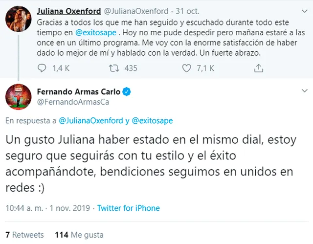 Fernando Armas le desea éxitos a Juliana Oxenford tras su salida de Radio Exitosa.