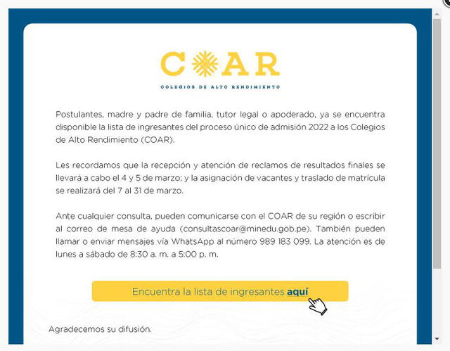 El portal web muestra automáticamente un aviso direccionar al usuario hacia la lista de resultados. Foto: captura de pantalla El portal web muestra automáticamente un aviso direccionar al usuario hacia la lista de resultados. Foto: captura de pantalla