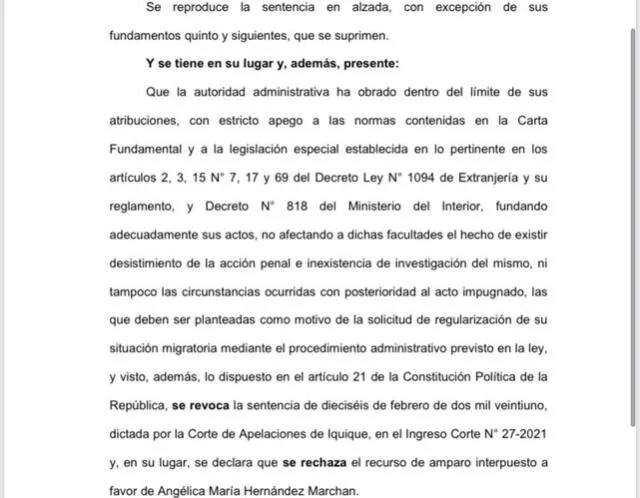 Un fragmento de la sentencia de la Corte Suprema de Chile. Foto: captura de Twitter