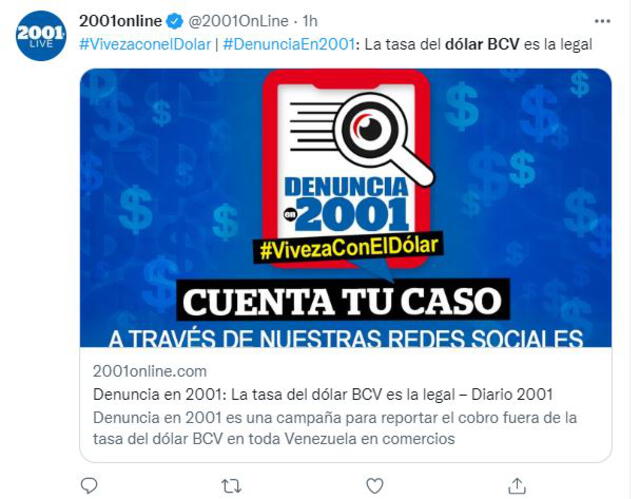 El diario 2001 de Venezuela invita a los usuarios a denunciar a quienes hagan uso del cambio establecido por el mercado paralelo de divisas. Foto: captura Twitter