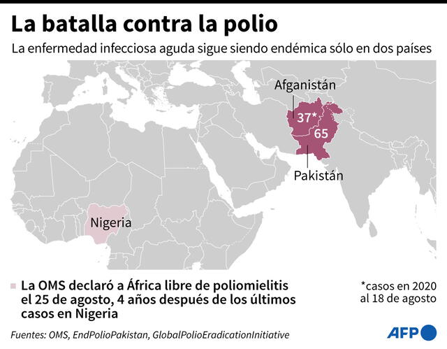 Mapa destacando Pakistán y Afganistán, los dos únicos países en los que la poliomielitis sigue siendo endémica, después de que África fuera declarada libre de polio por la OMS el martes 25 de agosto. Inforafía: AFP