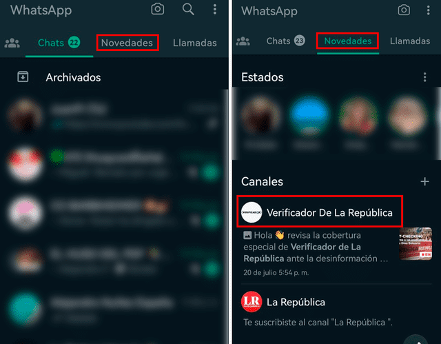  Para ver el canal de WhatsApp de Verificador, basta con pulsar el menú 'Novedades' y buscar nuestro canal. Foto: captura de WhatsApp   