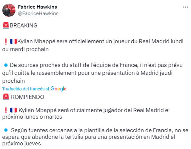  Información sobre la presentación de Mbappé. Foto: Twitter/Fabrice Hawkins   