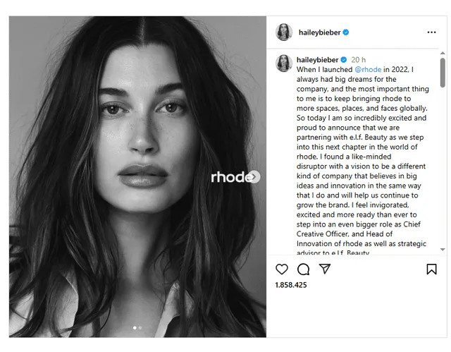 Hailey Bieber announces Rhode's partnership with e.l.f. Beauty on IG. Photo: @haileybeiber/ Instagram Hailey Bieber announces Rhode's partnership with e.l.f. Beauty on IG. Photo: @haileybeiber/ Instagram