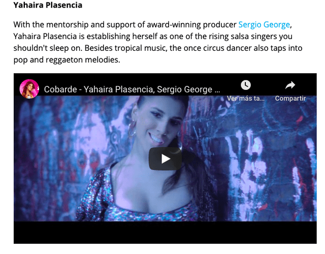Yahaira Plasencia en publicación de Billboard