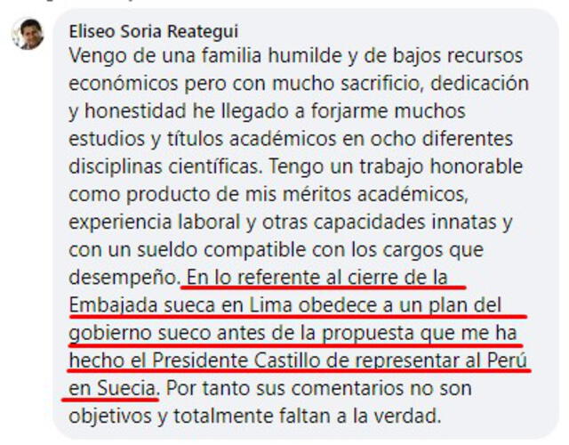 Comentario en Facebook del profesor Eliseo Soria. FOTO: Captura de Facebook.