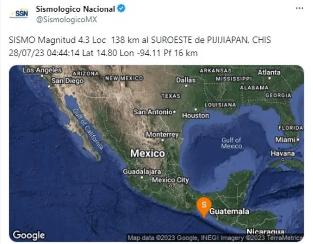 Sismo en México. Foto: SSN   