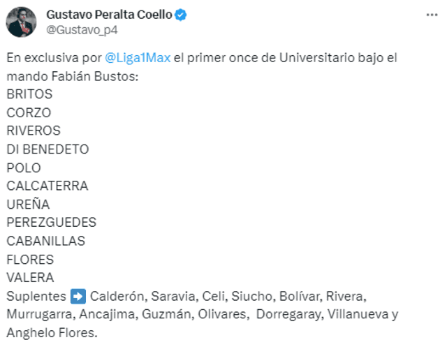 Tuit de Gustavo Peralta sobre el 11 de Universitario. Foto: captura de X.   