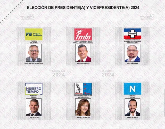 Papeleta de El Salvador con los candidatos postulantes a la presidencia. Foto: TSE.gob 