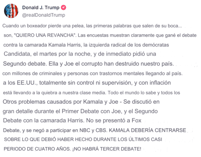  El papel de las redes sociales y los medios digitales será crucial en la estrategia de comunicación de ambos candidatos. Foto: captura de Truth Social Donald Trump    