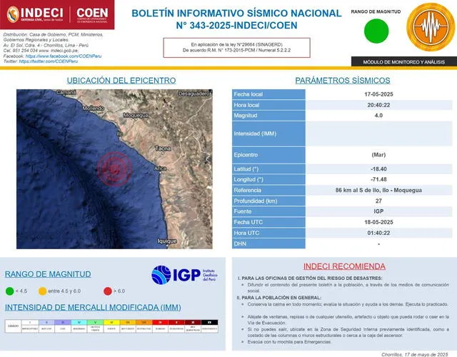 Alerta de Indeci tras sismo en Moquegua. Foto: X Alerta de Indeci tras sismo en Moquegua. Foto: X