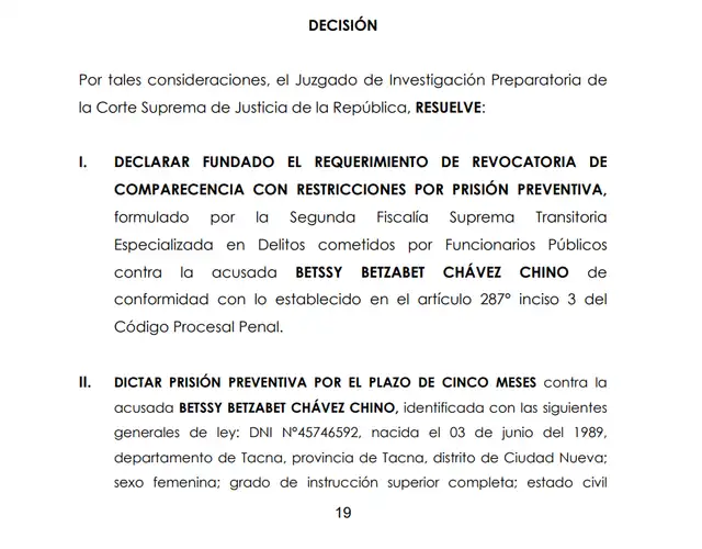 Poder Judicial dicta 5 meses de prisión preventiva contra Betssy Chávez. Foto: PJ Poder Judicial dicta 5 meses de prisión preventiva contra Betssy Chávez. Foto: PJ
