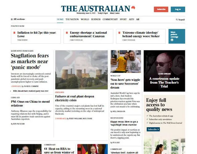 Las principales notas del día tienen que ver con la inflación y la electricidad. Foto: captura de The Australian