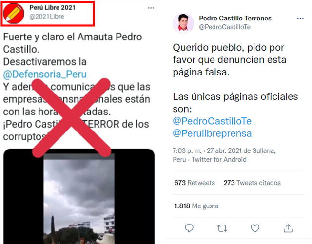 Pedro Castillo califica como falsa la cuenta en Twitter. Foto: captura en Twitter.