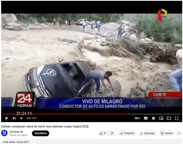  Video del vehículo volcado por un huaico con un conductor a bordo fue reportado en 2017. Foto: captura en Youtube / 24 horas.    