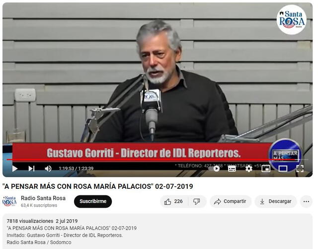  Archivo de la entrevista de Gustavo Gorriti en ‘A pensar más’ en 2019. Foto: captura en YouTube/radio Santa Rosa   