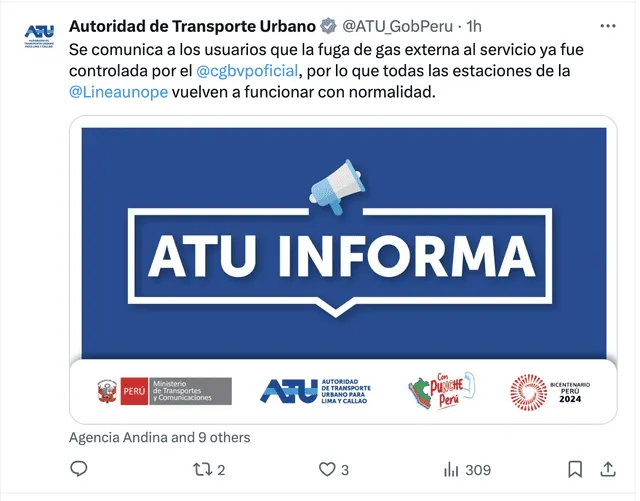 ATU utiliza canales oficiales para informar sobre incidentes en el servicio. Foto: ATU/X   