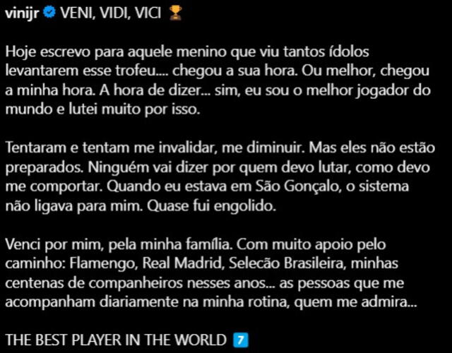  Vinícius Júnior compartió este mensaje en sus redes sociales. Foto: Instagram 