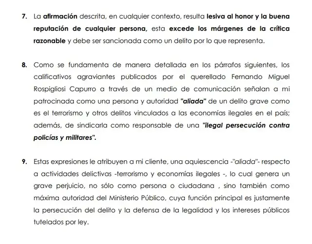 Querella contra Fernando Rospigliosi interpuesta por la defensa legal de la exfiscal Delia Espinoza. Fuente: PerúCheck Querella contra Fernando Rospigliosi interpuesta por la defensa legal de la exfiscal Delia Espinoza. Fuente: PerúCheck