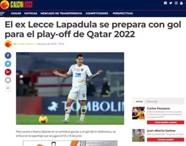 Calcio Lecce deseó que Lapadula hubiera tenido mayor oportunidad. Foto: Twitter