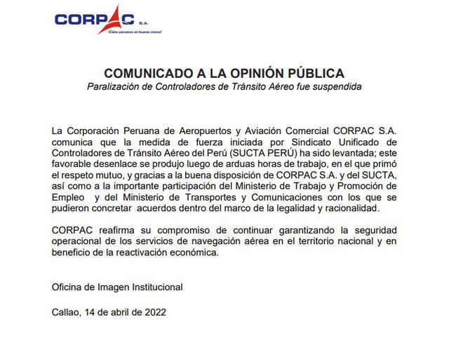 Sucta Perú acordó suspender el paro de controladores aéreos. Foto: captura/Corpac