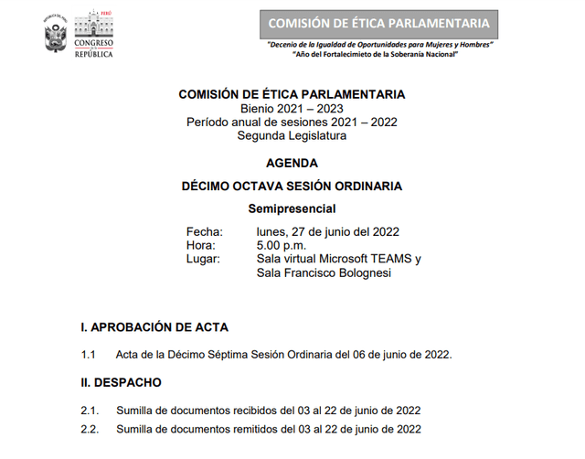 El acta de la sesión de la Comisión de Fiscalización para este lunes 27 de junio.