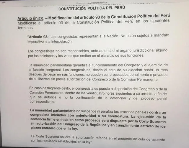 Texto sustitutorio sobre el proyecto de inmunidad parlamentaria. Foto: La República.