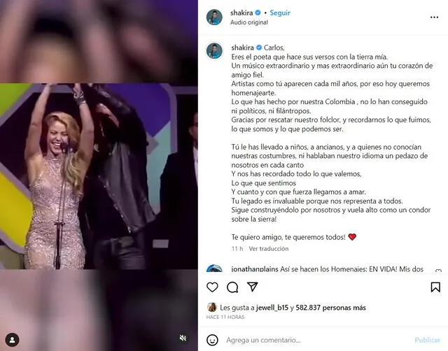 El mensaje de Shakira hacia Carlos Vives fue acompañado con un video de sus mejores momentos. Foto: captura de Instagram/Shakira   