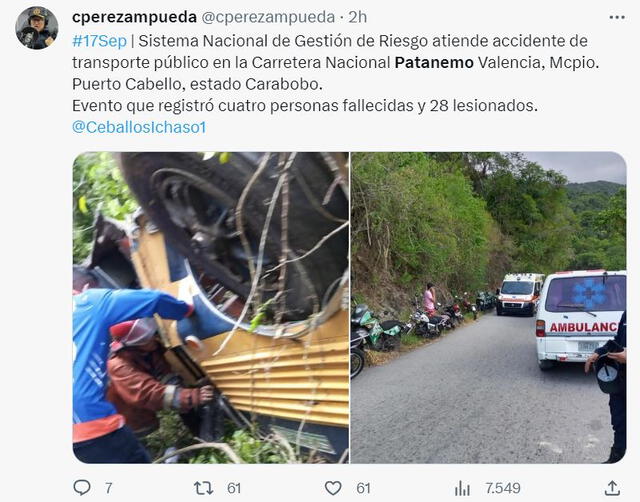  Funcionarios del Sistema Nacional de Gestión de Riesgo se trasladaron al lugar para atender el accidente. Foto: X/@cperezampueda<br><br>    