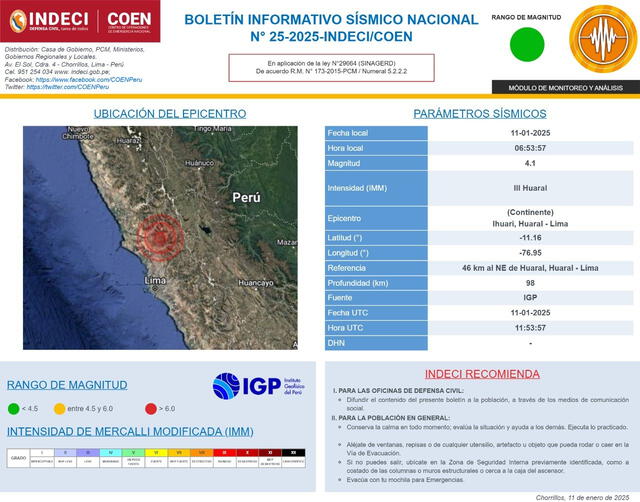 Indeci emite recomendaciones ante sismo. Foto: COEN/X   